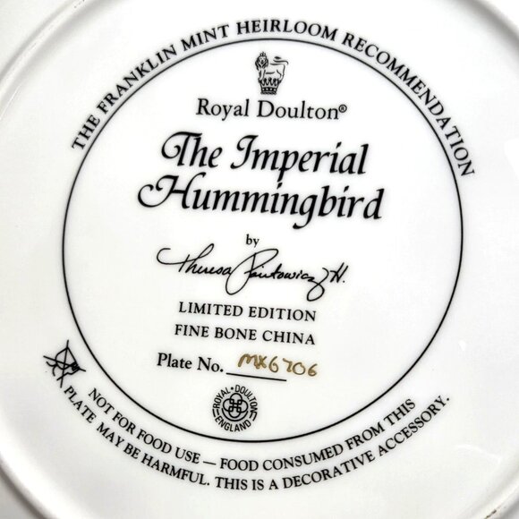 Franklin Mint Heirloom Royal Doulton Imperial Hummingbird LE Plate Collectible - Picture 7 of 10